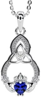 Diamond Sapphire Silver Claddagh Celtic Trinity Knot Necklace