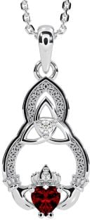 Diamond Garnet White Gold Claddagh Celtic Trinity Knot Necklace