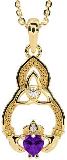 Diamond Amethyst Gold Claddagh Celtic Trinity Knot Necklace