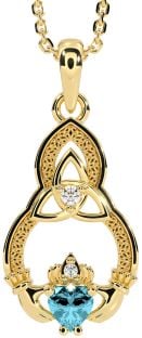 Diamant Aquamarin Gold Claddagh keltisch Dreieinigkeit Knoten Halskette