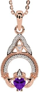 Diamond Amethyst Rose Gold Silver Claddagh Celtic Trinity Knot Necklace