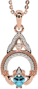 Diamond Aquamarine Rose Gold Silver Claddagh Celtic Trinity Knot Necklace