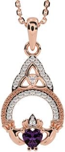 Diamond Alexandrite Rose Gold Silver Claddagh Celtic Trinity Knot Necklace