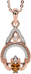 Diamond Citrine Rose Gold Silver Claddagh Celtic Trinity Knot Necklace