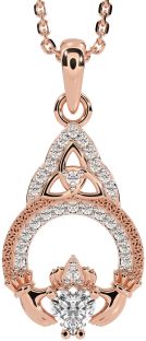 Diamond Rose Gold Silver Claddagh Celtic Trinity Knot Necklace