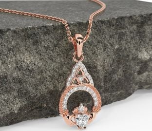 Diamond Rose Gold Silver Claddagh Celtic Trinity Knot Necklace