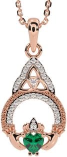 Diamond Emerald Rose Gold Silver Claddagh Celtic Trinity Knot Necklace