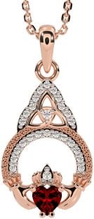 Diamond Garnet Rose Gold Silver Claddagh Celtic Trinity Knot Necklace