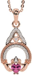 Diamond Pink Tourmaline Rose Gold Silver Claddagh Celtic Trinity Knot Necklace