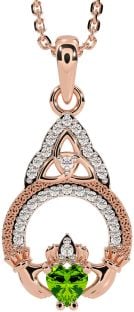 Diamond Peridot Rose Gold Silver Claddagh Celtic Trinity Knot Necklace