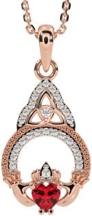 Diamond Ruby Rose Gold Silver Claddagh Celtic Trinity Knot Necklace