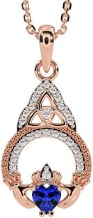 Diamond Sapphire Rose Gold Silver Claddagh Celtic Trinity Knot Necklace