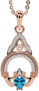 Diamond Topaz Rose Gold Silver Claddagh Celtic Trinity Knot Necklace