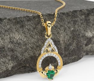 Diamond Emerald Gold Silver Claddagh Celtic Trinity Knot Necklace