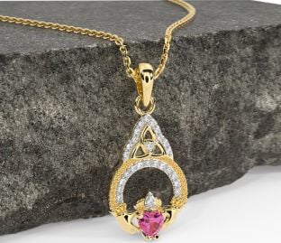 Diamond Pink Tourmaline Gold Silver Claddagh Celtic Trinity Knot Necklace