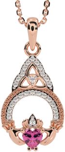 Diamond Pink Tourmaline Rose Gold Claddagh Celtic Trinity Knot Necklace