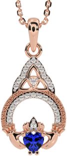 Diamond Sapphire Rose Gold Claddagh Celtic Trinity Knot Necklace