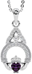 Diamond Alexandrite Silver Claddagh Celtic Trinity Knot Necklace