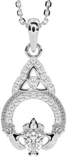 Diamond Silver Claddagh Celtic Trinity Knot Necklace