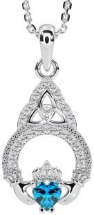 Diamond Topaz Silver Claddagh Celtic Trinity Knot Necklace