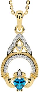 Diamond Topaz Gold Claddagh Celtic Trinity Knot Necklace