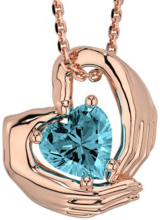 Aquamarine Rose Gold Silver Claddagh Necklace