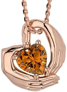 Citrine Rose Gold Silver Claddagh Necklace