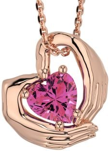 Pink Tourmaline Rose Gold Silver Claddagh Necklace