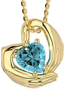 Aquamarine Gold Silver Claddagh Necklace