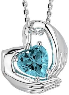 Aquamarine Silver Claddagh Necklace