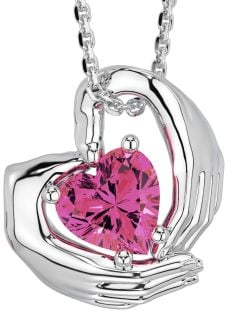 Pink Tourmaline Silver Claddagh Necklace