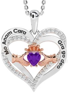 Diamond Amethyst Rose Gold Silver Irish "My Soul Mate" Claddagh Heart Necklace