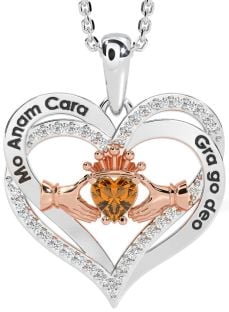 Diamant Citrine Rose Or Argent irlandais Mon âme sœur Claddagh Cœur Collier