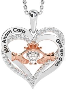 Diamond Rose Gold Silver Irish "My Soul Mate" Claddagh Heart Necklace