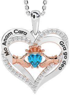 Diamond Topaz Rose Gold Silver Irish "My Soul Mate" Claddagh Heart Necklace