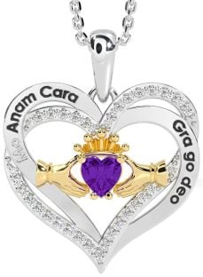 Diamant Améthyste Or Argent irlandais Mon âme sœur Claddagh Cœur Collier