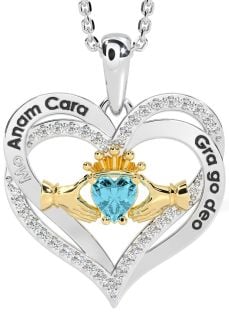 Diamond Aquamarine Gold Silver Irish "My Soul Mate" Claddagh Heart Necklace