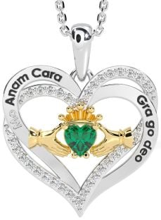 Diamond Emerald Gold Silver Irish "My Soul Mate" Claddagh Heart Necklace