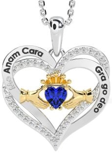 Diamond Sapphire Gold Silver Irish "My Soul Mate" Claddagh Heart Necklace