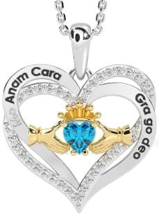 Diamond Topaz Gold Silver Irish "My Soul Mate" Claddagh Heart Necklace