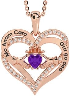 Diamond Amethyst Rose Gold Silver Irish "My Soul Mate" Claddagh Heart Necklace