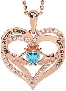 Diamond Aquamarine Rose Gold Silver Irish "My Soul Mate" Claddagh Heart Necklace