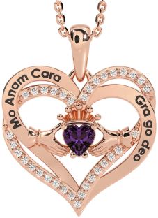 Diamond Alexandrite Rose Gold Silver Irish "My Soul Mate" Claddagh Heart Necklace