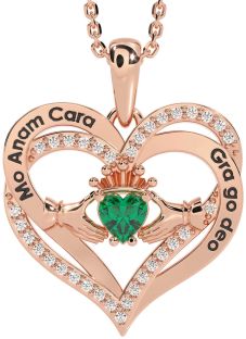 Diamond Emerald Rose Gold Silver Irish "My Soul Mate" Claddagh Heart Necklace