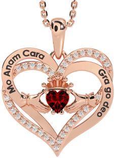 Diamond Garnet Rose Gold Silver Irish "My Soul Mate" Claddagh Heart Necklace