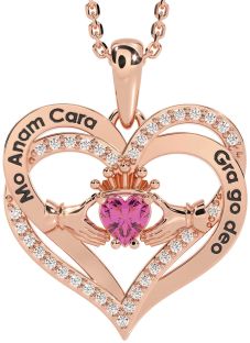 Diamond Pink Tourmaline Rose Gold Silver Irish "My Soul Mate" Claddagh Heart Necklace