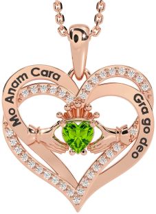 Diamond Peridot Rose Gold Silver Irish "My Soul Mate" Claddagh Heart Necklace