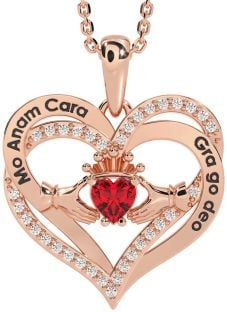 Diamond Ruby Rose Gold Silver Irish "My Soul Mate" Claddagh Heart Necklace