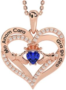 Diamond Sapphire Rose Gold Silver Irish "My Soul Mate" Claddagh Heart Necklace