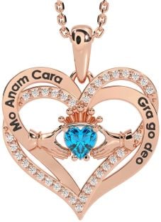 Diamond Topaz Rose Gold Silver Irish "My Soul Mate" Claddagh Heart Necklace